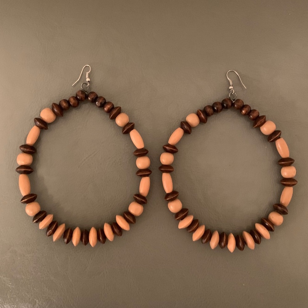 Wooden bead large hoop earrings